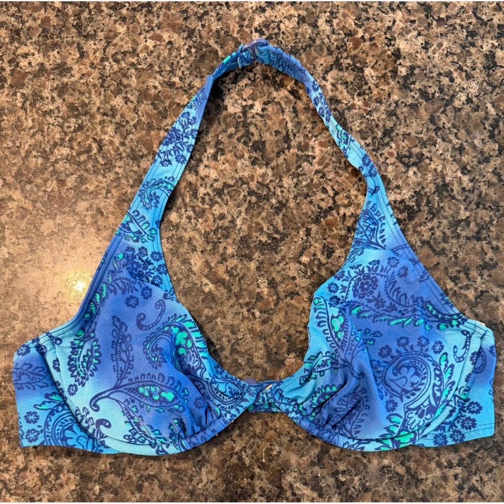Vintage Y2K Swim Systems Blue Paisley Underwire Halter Bikini Top Size 36 USA